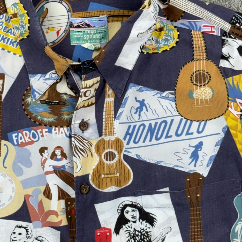Vtg Reyn Spooner Button Down Men XL Blue Ukulele Honolulu Postcard Aloha Shirt